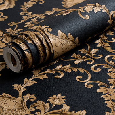 Waterproof+ECO-Friendly Hot Selling Luxury Gold Black Texture Embossed Metallic 3D Damask Wallpaper Roll Vinyl PVC Wallpaper
